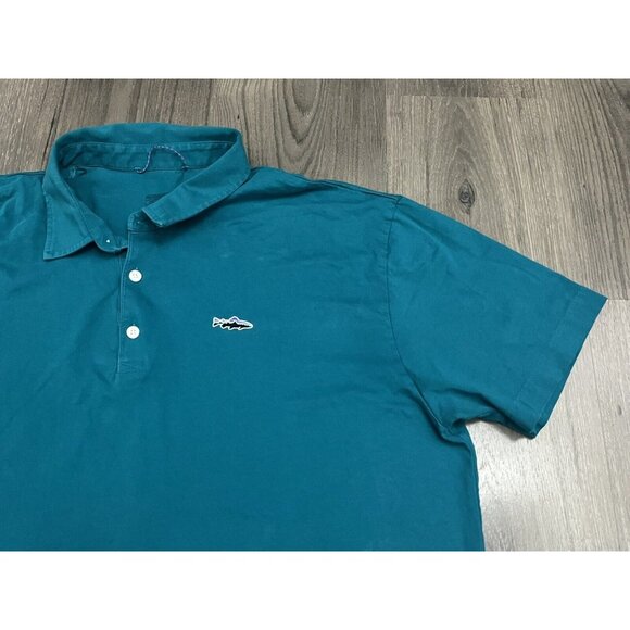 Patagonia Polo Shirt Short Sleeve Organic Cotton Teal Trout Logo - Stain on back - Picture 2 of 8